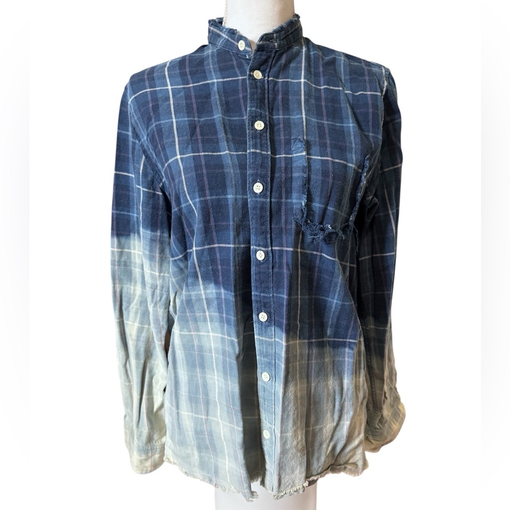 Zadig & Voltaire Unisex Navy Ombré Distressed Plaid Button-Down - Small